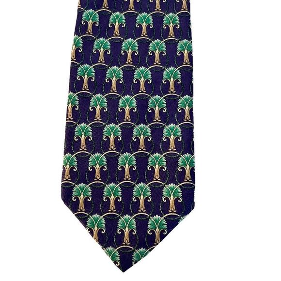 Vintage Tom James Silk Tie Art Deco Palm Tree Design w/ Circles Navy Green Gold - Picture 1 of 2